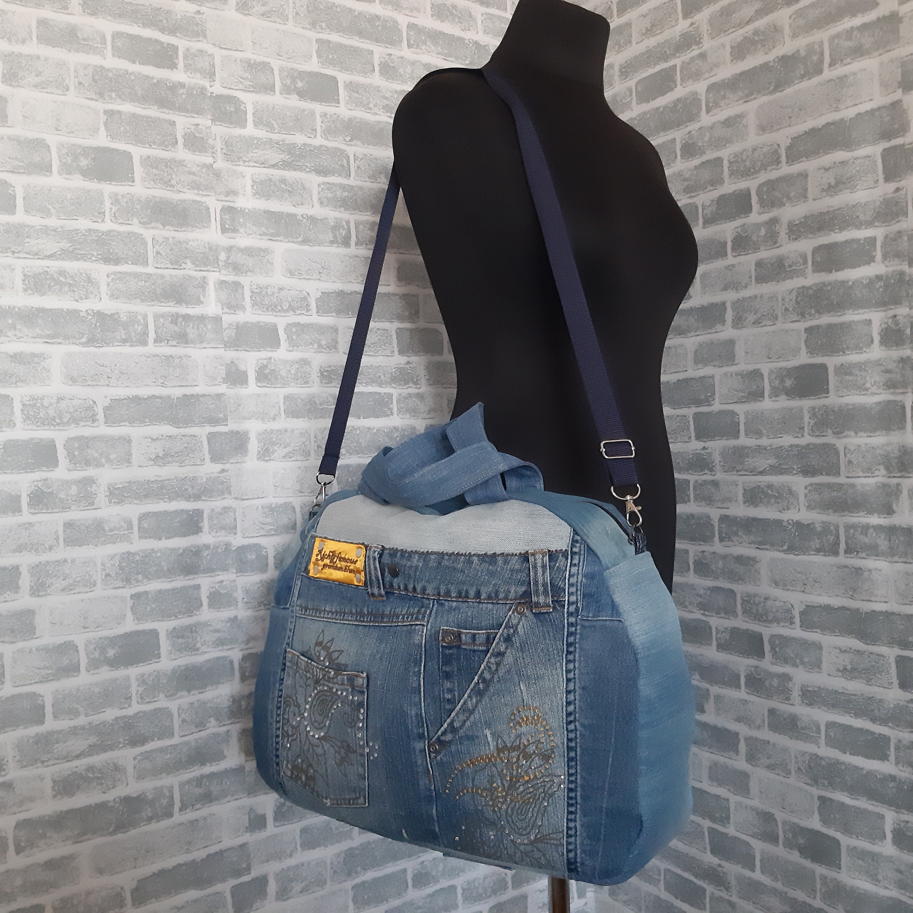 Large travel denim bag denim shabby tote weekender denim bag | Etsy