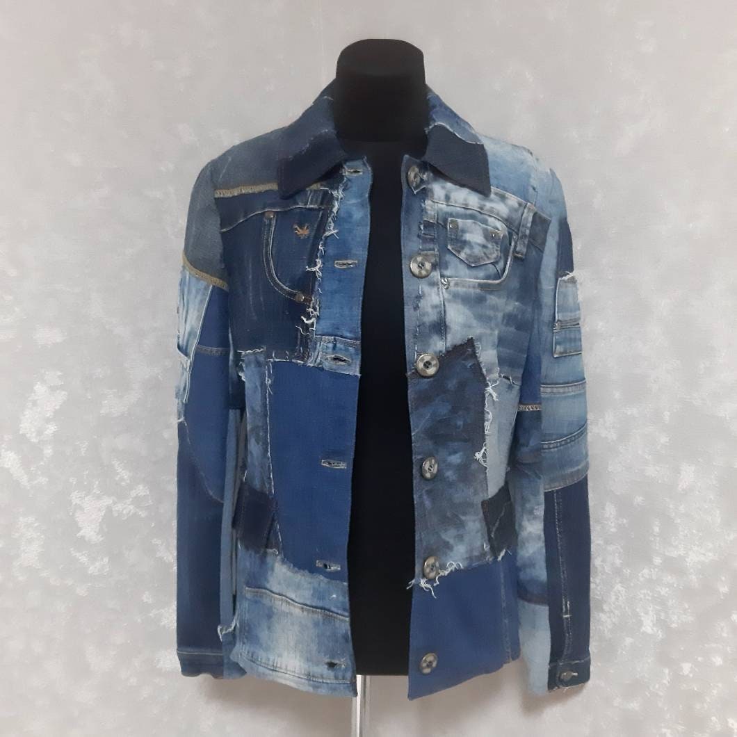 Handmade Patchwork Denim Blue Jacket Size M, Boro Jacket