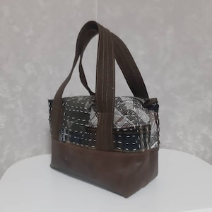 Handmade boro patchwork top handles bag with Sashico embroidery,Casual cosmetic bag from distressed patches and leather bottom