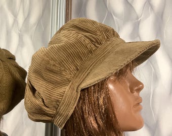 Gorra Newsboy de pana marrón hecha a mano de 62 cm/24,4”, gorro estilo boho patchwork, gorro de otoño de pana reciclada, gorra Newsboy de estilo urbano