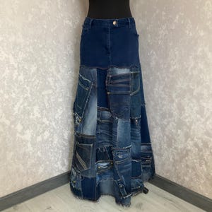 ハンドメイドのライトブルーデニムパッチワークスカート（ウエスト32