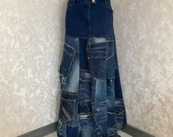 Falda larga de patchwork de mezclilla hecha a mano, jeans reciclados, talla 2XL