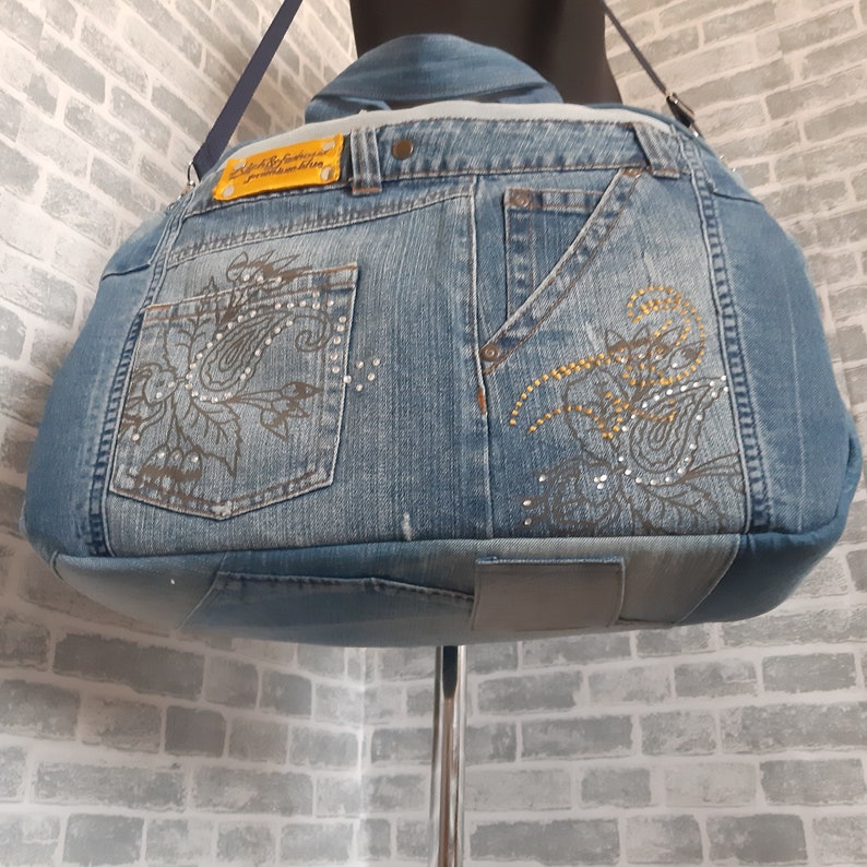 Large travel denim bag, denim shabby tote, weekender denim bag from recycled jeans image 5