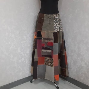 Handmade 2XL Denim patchwork skirt waist 41&quot;, Casual long skirt of shabby jeans, Multicolor jean maxi skirt in street fashion style