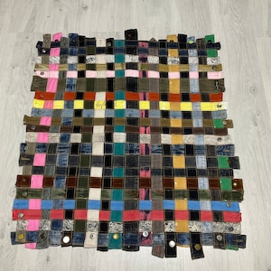 Handmade denim belt woven rug, soft pet bedding, rustic rug, bedside woven rug