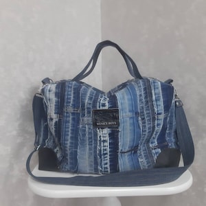 Handmade travel denim bag, Weekender bag of recycled jeans, Jean overnight large bag, Denim patchwork tote of shabby jeans