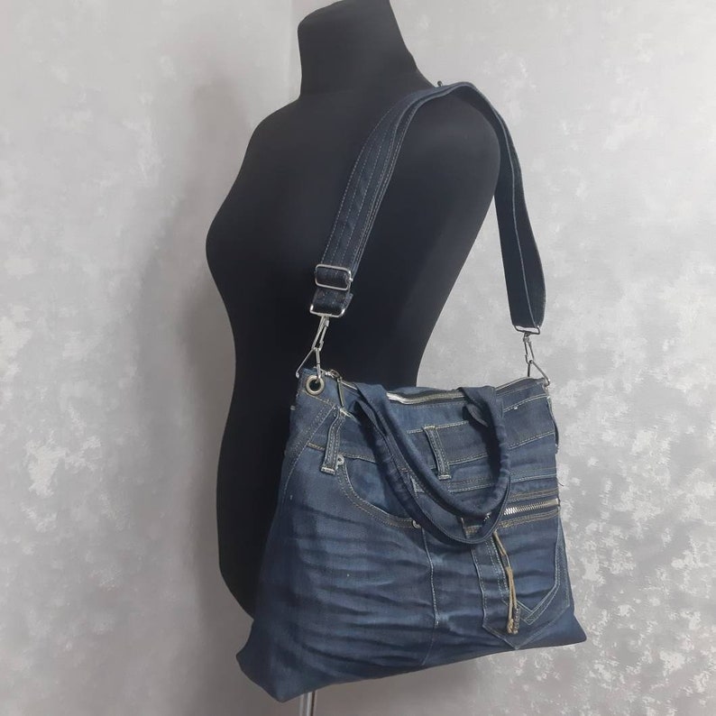 Hobo denim bag medium size, Jean shoulder bag, Casual handbag of jeans, Crossbody purse of shabby jeans image 5