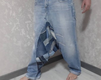 2XL Denim shabby harem pants waist 37", Patchwork baggy jeans, Unisex denim trousers, Street fashion yoga pants, Handmade from Ukraine