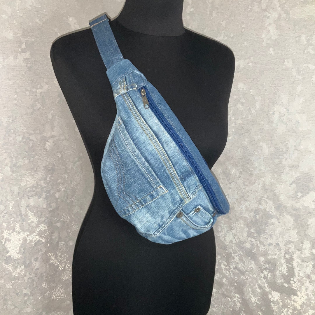 Denim Sling Backpack, Unisex Jean Fanny Pack. Casual Travel Chest Jean