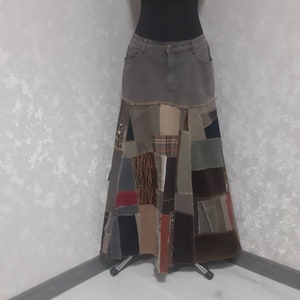 Handmade L Denim patchwork skirt waist 35&quot;, Casual long skirt of shabby jeans, Multicolor jean maxi skirt in street fashion style