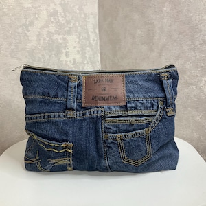 Bolsa de cosméticos grande feita à mão em jeans, bolsa de maquiagem casual em jeans surrados