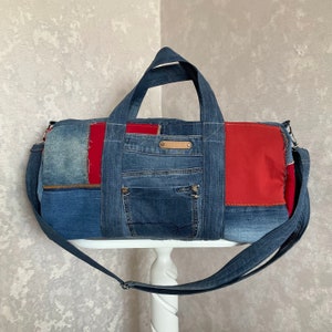 Handmade extra large denim bag, Duffel Jean bag, Overnight large bag of old jeans, Patchwork sports bag