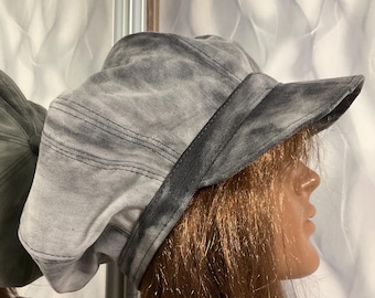 Handmade denim patchwork newsboy cap 24,4", Boho grey jean hat in street fashion style, Dreadlocks patchwork hat 62cm
