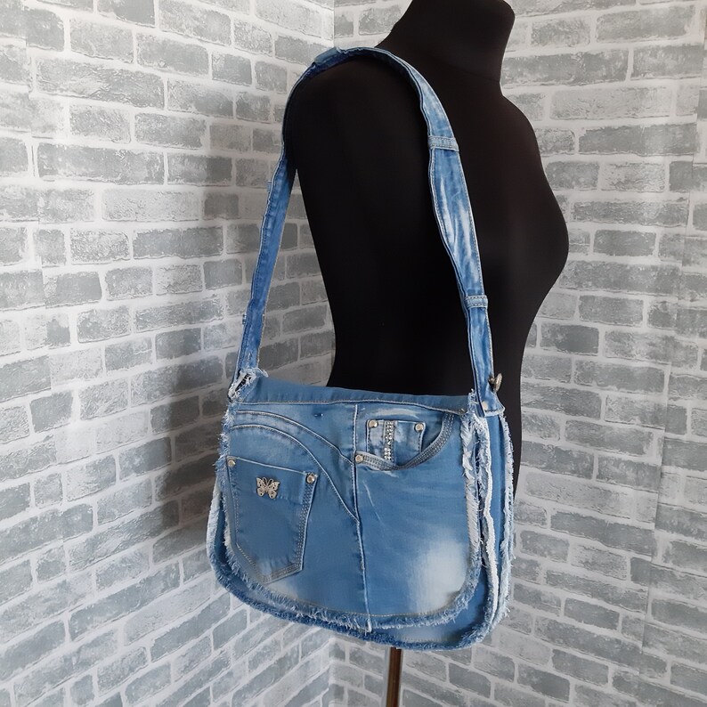 Denim messenger bag Casual denim bag medium size Blue boho Etsy