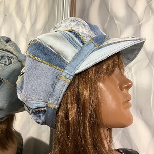 Gorra de vendedor de periódicos con patchwork de mezclilla hecha a mano, estilo bohemio azul vaquero (62 cm/24,4")