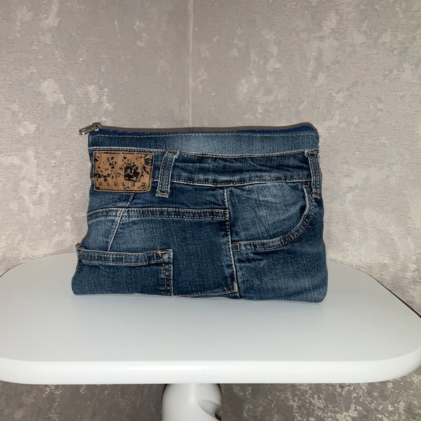 Casual denim cosmetic bag, Travel organizer of shabby jeans, Denim purse for makeup and medicines