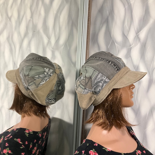 Casquette gavroche en denim 23", Chapeau en jean gris bohème 58 cm dans un style streetwear, Chapeau patchwork en denim pour femme