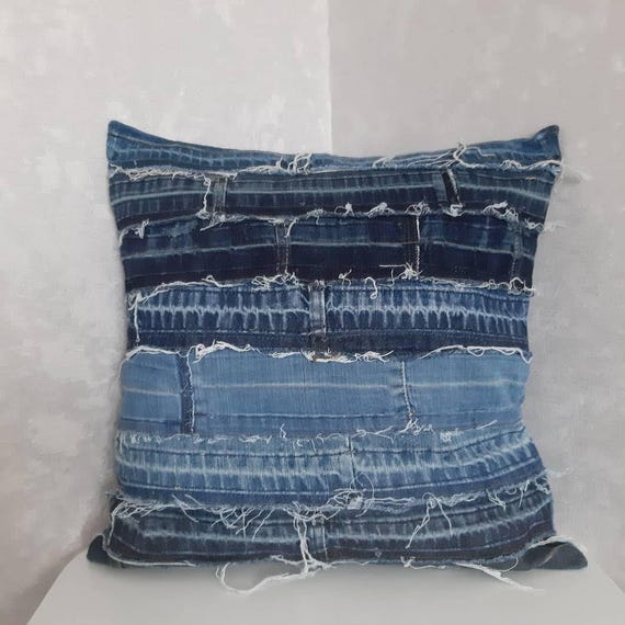 Crazy Patchwork Denim Pillowcase 40x40cm, Blue Boro Pillow Cover, Recycled Jeans Cushion Cover, Boho Farmhouse Throw Pillow, Vintage Denim