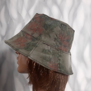 Handmade casual green hat 23&quot;, Boho jean hat in street fashion style, Women&#39;s hat 59cm with floral print
