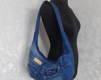 Denim Slouchy Bag, Recycled Jeans Hobo Bag, Casual Denim Shoulder Bag, Medium Jean Purse, Upcycled Denim Handbag, Sustainable Fashion Bag