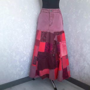 Handmade XL Denim patchwork skirt waist 36&quot;, Casual long skirt of shabby jeans, Multicolor jean maxi skirt in hipster style