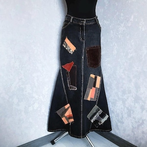Handmade M Denim patchwork skirt waist 29&quot;, Casual long skirt of shabby jeans, Gray jean maxi skirt in hipster style