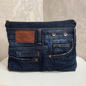 Bolsa de cosméticos grande denim feita à mão, bolsa de viagem denim surrada, bolsa denim casual