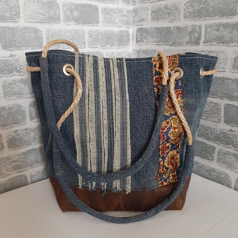 Hobo denim bag made from recycled jeans and leather in ethnic | Etsy