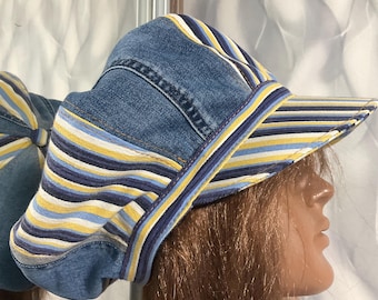 Handmade denim patchwork newsboy cap 23,6", Boho blue jean hat in street fashion style, Unisex denim hat 60cm
