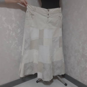 Handmade 3XL Light denim patchwork skirt waist 43", Casual long skirt of shabby jeans, Light beige jean skirt in hipster style