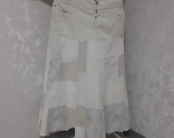 Handmade 3XL Light denim patchwork skirt waist 43", Casual long skirt of shabby jeans, Light beige jean skirt in hipster style