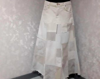 Falda vaquera ligera de patchwork, hecha a mano, talla XL, cintura 39", falda larga informal de jeans desgastados, falda vaquera de estilo hipster