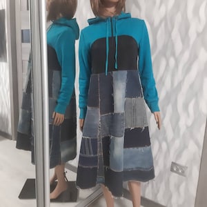 Handmade boho patchwork dress, Dark blue denim hoodie dress, Boro patchwork denim dress in street fashion style