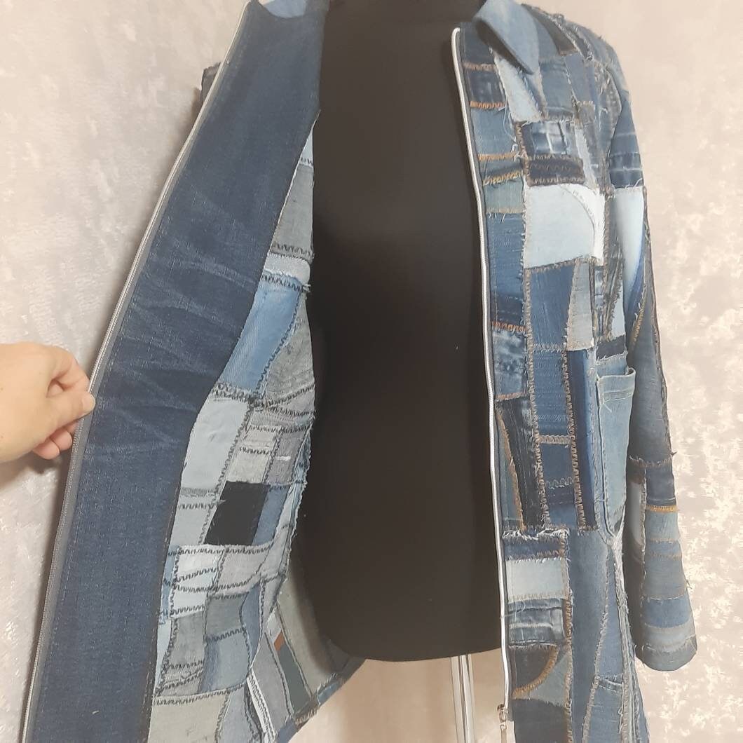 Blue Jacket Patchwork Handmade Patchwork Denim Blue Jacket Size XL, Boro Jacket From Recycled ...