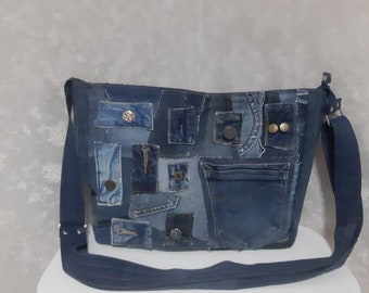 Blue boro patchwork denim bag in hipster style, Casual jean tote with long adjustable shoulder strap