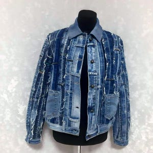 Patchwork Denim Jacket M/L, Oversized Boro Jean Jacket, Recycled Denim Coat, Women’s Streetwear Jacket, Blue Striped Patchwork Jacket