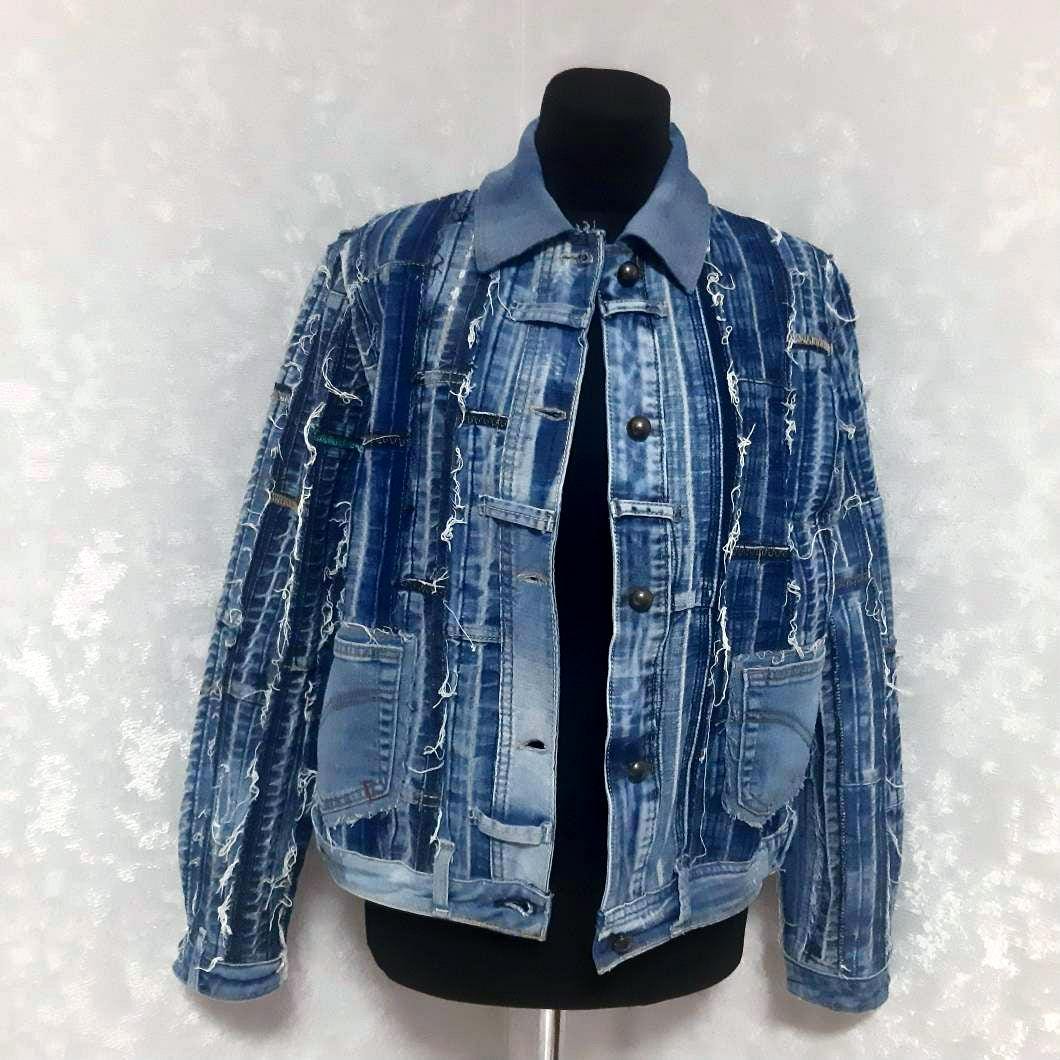 Patchwork Denim Jacket M/L, Oversized Boro Jean Jacket, Recycled Denim Coat, Women's Streetwear Jacket, Blue Striped Patchwork Jacket