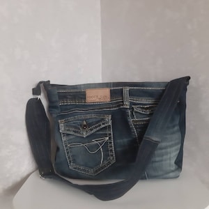 Handmade casual denim bag, Jean shoulder tote, Blue crossbody purse of shabby jeans