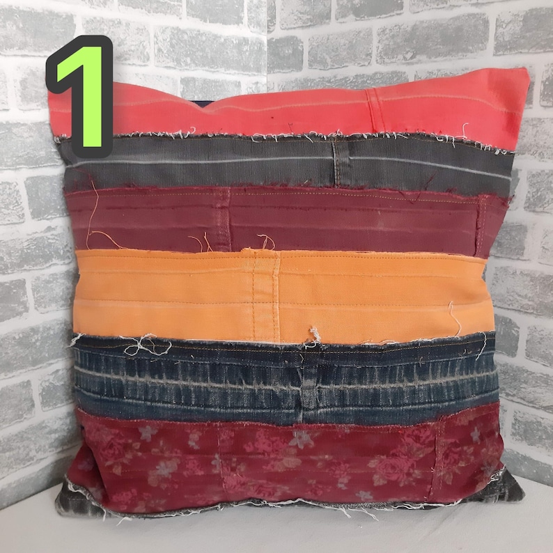 Crazy Patchwork Denim Pillowcase 40x40cm, Blue Boro Pillow Cover, Recycled Jeans Cushion Cover, Boho Farmhouse Throw Pillow, Vintage Denim image 2