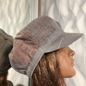 Handmade denim corduroy oversized newsboy cap, Boho gray Rasta hat 24" in street fashion style, Falls dreadlocks patchwork hat 61cm