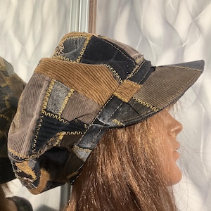 Handmade oversized denim patchwork newsboy hat 23,2", Boho blue cotton hat in street fashion style, Falls patchwork hat 59cm