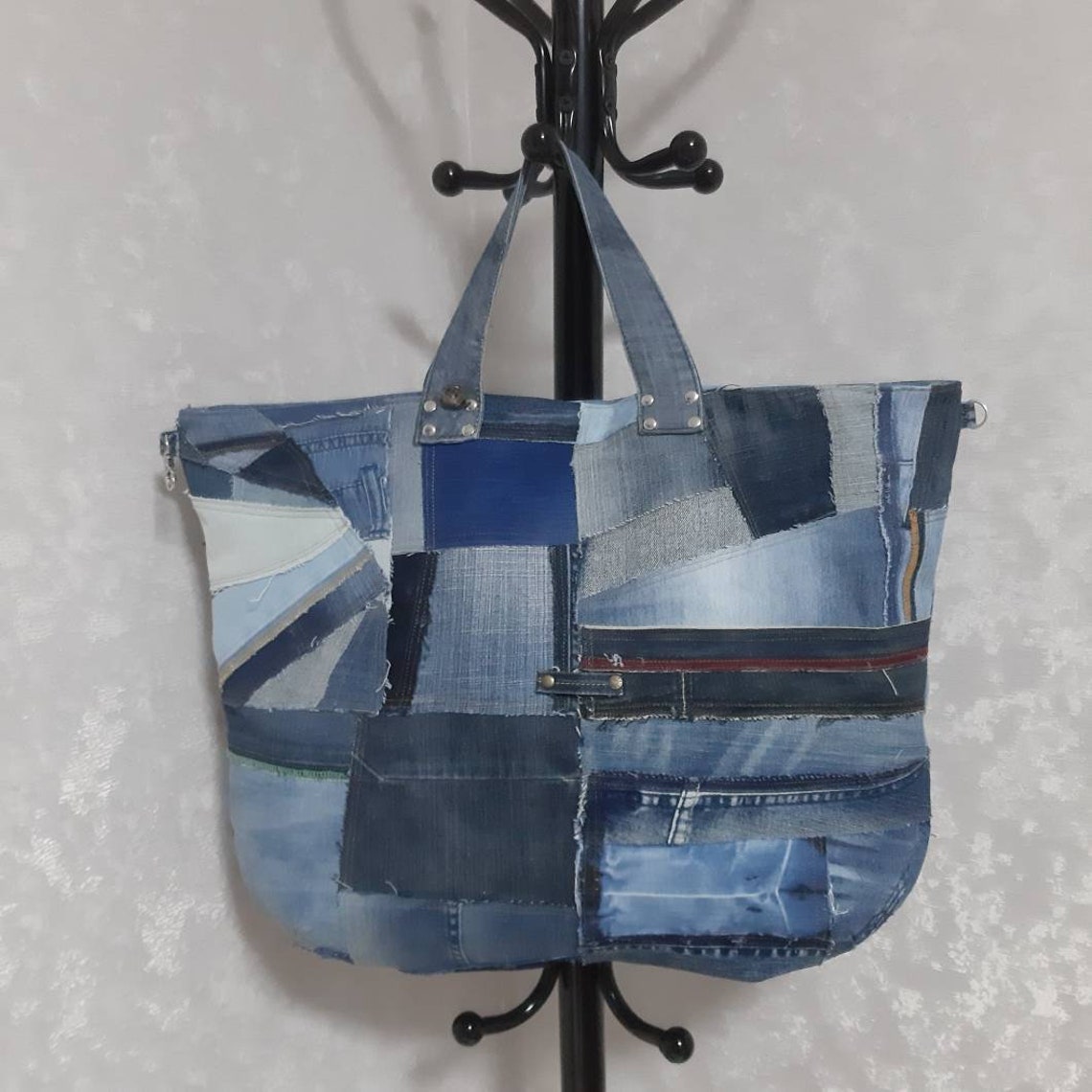 Extra large denim bag Jean tote bag Blue patchwork market | Etsy