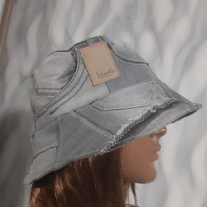 Handmade denim patchwork bucket hat 23&quot;, Boho gray jean hat in street fashion style, Boro crazy patchwork hat 58cm