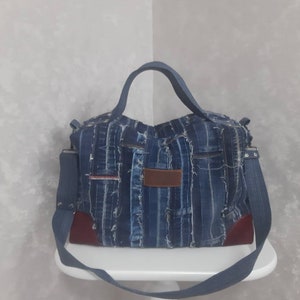 Handmade travel denim bag, Weekender bag of recycled jeans, Jean overnight large bag, Denim patchwork tote of shabby jeans