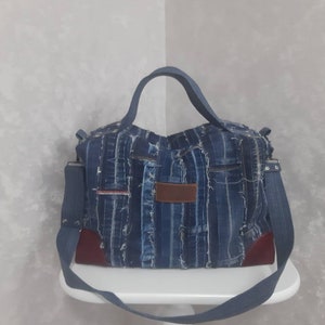 Travel denim bag, Weekender bag of recycled jeans, Jean overnight large bag, Denim patchwork tote of shabby jeans