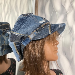 Handmade denim patchwork newsboy cap 23&quot;, Boho blue jean hat in street fashion style, Boro crazy patchwork hat 58cm