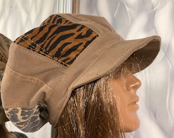 Handmade denim patchwork newsboy cap 22", Boho brown jean hat 56cm in street fashion style