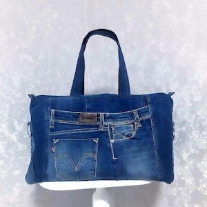 Handmade extra large denim bag, Weekender bag of recycled jeans, Unisex blue denim tote, Denim travel bag, Jean sports bag