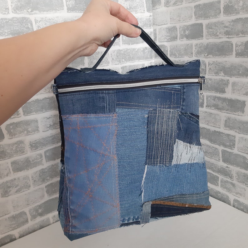 Boro denim handbag Casual patchwork jean bag medium size | Etsy