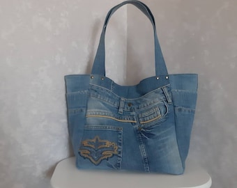Handmade Large Hobo Denim Bag, Jean Tote Bag, Casual Market Bag of